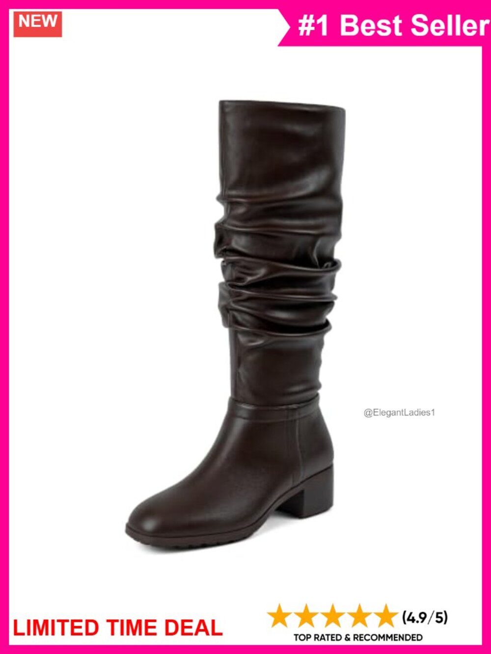Faux Leather Knee High Slouchy Ruched Boots Chunky Heel Round Toe